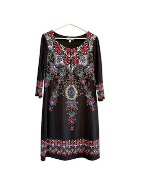 Dress Barn Multicolored Floral Summer Dress Womens 12 Black 3/4 Sleeves Scoop